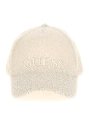 Kremfarvet tekstureret baseballcap med fremhævet "GUESS"-logo broderet på frontpanelet.