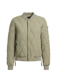Veste bomber matelassée vert olive clair avec col, poignets et ourlet côtelés, fermeture par boutons-pression et poches latérales zippées.