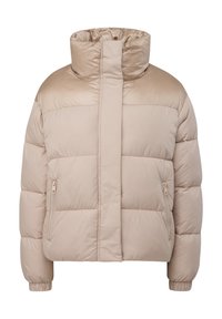 Bežs pūkains mētis ar augstu apkakli, quilted dizainu un ar rāvējslēdzējiem sānu kabatām. Iespējams kvadrātveida formas un elastīgas aproces.