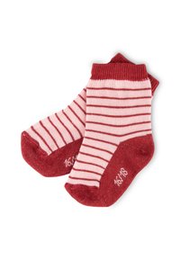 Red and pink striped socks with a ribbed cuff, contrasting solid red heel and toe, made of soft, textured fabric. Size indicated on side.