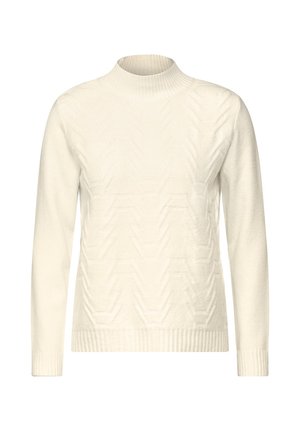 Suéter color crema con un alto cuello acanalado, que presenta un patrón de zigzag texturizado en el frente y puños y dobladillo acanalados.