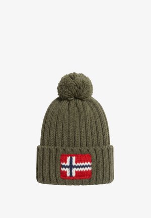Olive green knitted winter hat with a pom-pom top and a knitted patch of the Norwegian flag on the folded cuff.