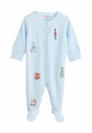 Bodysuit en coton bleu clair avec un motif à carreaux, décoré de designs brodés colorés de jouets et d'animaux. Fermeture à pression sur le devant.