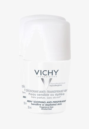 White roll-on deodorant with a smooth plastic bottle. Label features silver and black text. Contains 50ml, hypoallergenic, fragrance-free.