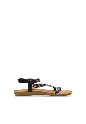 Sandalia plana con correas de cuero negro y detalles trenzados de textil en rosa y azul marino. Plantilla acolchada en tono beige con suela flexible.