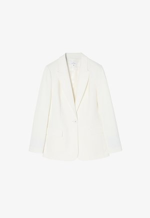 White blazer with a single button closure, notched lapels, and two front pockets. Smooth fabric with a tailored fit and long sleeves.