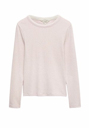 Hellrosa langärmliges Rundanztop mit weicher, glatter Textur, flach liegend dargestellt mit sichtbarem M&S-Etikett am Halsbereich.