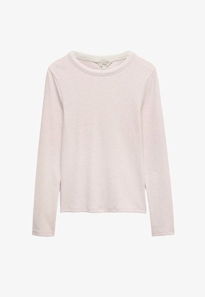 Hellrosa langärmliges Rundanztop mit weicher, glatter Textur, flach liegend dargestellt mit sichtbarem M&S-Etikett am Halsbereich.