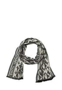 Scarf grigia intrecciata con un motivo geometrico e il logo "Michael Kors", rifinita con bordi frangiati per un tocco di texture in più.