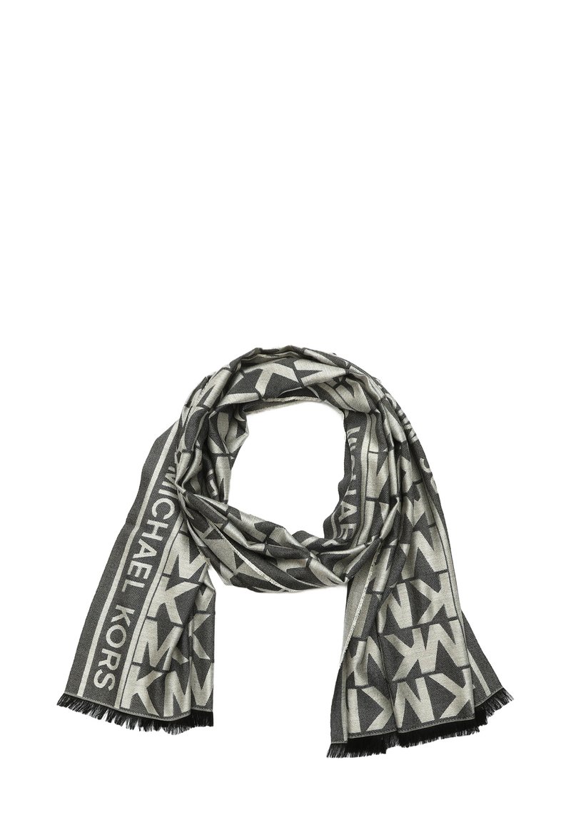 Scarf grigia intrecciata con un motivo geometrico e il logo "Michael Kors", rifinita con bordi frangiati per un tocco di texture in più.