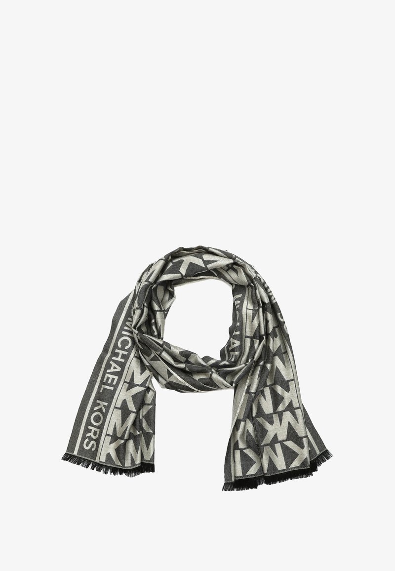 Scarf grigia intrecciata con un motivo geometrico e il logo "Michael Kors", rifinita con bordi frangiati per un tocco di texture in più.