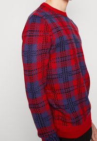 Rot und lila gemusterter Pullover mit klassischem Karodesign, gestrickter Textur und geripptem Rundhalsausschnitt sowie Saum.