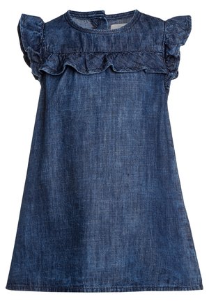 Robe en denim bleu foncé sans manches avec empiècement et épaules volantés, col rond et silhouette en A.