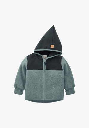 Kinderjas met rits en capuchon, donker aan de bovenborst en capuchon, lichtgrijze mouwen en romp, en een klein bruin logoplaatje op de capuchon.