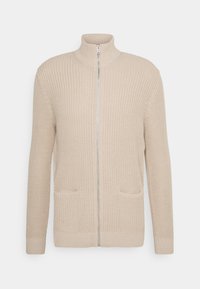 Béžový pletený kardigan s vysokým límcem, plným předním zipem a dvěma předními kapsami. Vyznačuje se žebrovanými manžetami a pasem. Texturovaná tkanina.