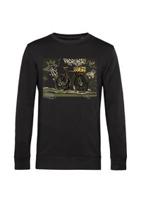 Felpa nera con un grafiche di una bicicletta circondata da testo e motivi in stile graffiti nelle tonalità di verde e oro.