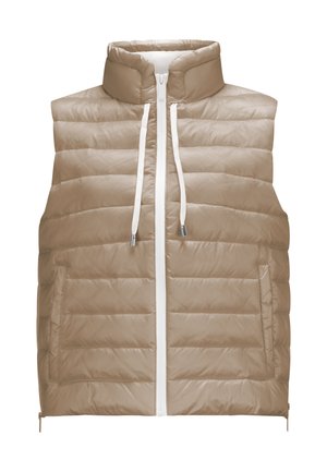 Beige gepolsterte ärmellose Weste mit hohem Kragen, weißem Frontreißverschluss, weißen Kordeln und Seitentaschen, flach auf weißem Hintergrund ausgelegt.