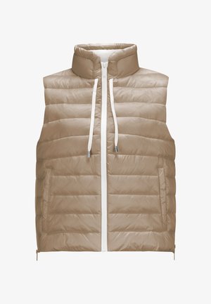 Beige gepolsterte ärmellose Weste mit hohem Kragen, weißem Frontreißverschluss, weißen Kordeln und Seitentaschen, flach auf weißem Hintergrund ausgelegt.