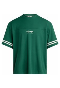 Grønn kortermet t-skjorte i pustende mesh-stoff med hvite striper på ermene og et sentralt logo med "Highlight" og "REDEFINED REBEL."