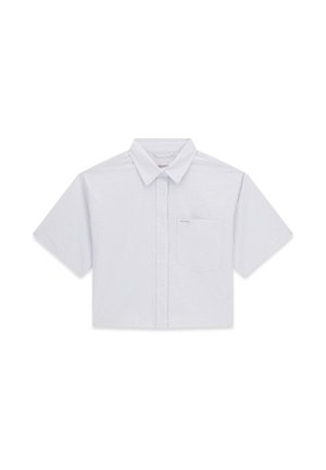 Chemise gris clair à manches courtes avec col et poche poitrine, présentant un motif à carreaux subtil.