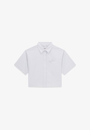 Chemise gris clair à manches courtes avec col et poche poitrine, présentant un motif à carreaux subtil.