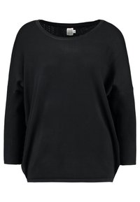 Svart oversized tröja med rundad halsringning, ribbad ärmdetalj och mjuk textur. Löst sittande, utan mönster eller utsmyckningar.