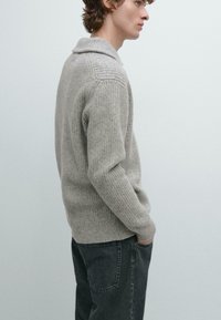 Giovane uomo in piedi di lato, indossa un maglione grigio a maglia con colletto e jeans neri, mani nelle tasche, su uno sfondo semplice.