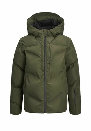 Veste d'hiver verte avec capuche, présentant une fermeture éclair à l'avant et une poche latérale, fabriquée en tissu lisse et résistant à l'eau, avec un design matelassé.
