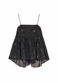 Μαύρο αμάνικο τοπ με φαρδιά σιλουέτα, διακοσμημένο με κεντητά λουλουδένια μοτίβα και στρώσεις με διαφανές τελείωμα. Λείο, ελαφρύ ύφασμα.