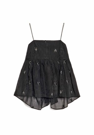 Top nero senza maniche con silhouette svasata, con motivi floreali ricamati e orlo trasparente a strati. Tessuto liscio e leggero.