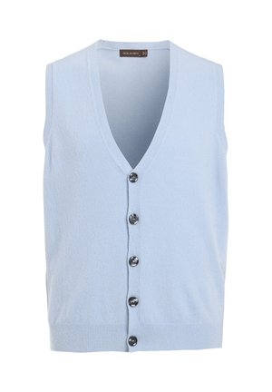 Light blue sleeveless vest with a V-neckline, five dark buttons down the front, and a ribbed hem, made from a soft fabric.
