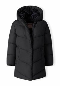 Cappotto puffo nero con cappuccio, design trapuntato con pannelli orizzontali e chiusure anteriori a bottoni a pressione. Foderato morbido e testurizzato visibile all'interno.