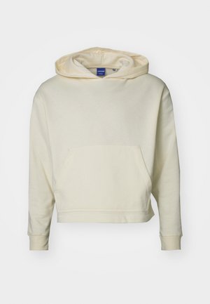 Flødefarvet pullover-hoodie med front-kængurulomme, ribbet manchetter og label inde i halsudskæringen.