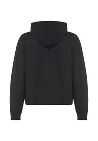 Schwarzer Kapuzenpullover mit langen Ärmeln, gerippten Bündchen und geradem Saum, von hinten auf weißem Hintergrund abgebildet.