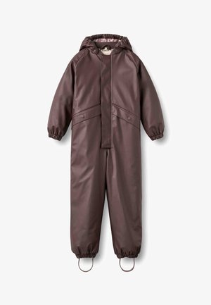 Combinaison imperméable une pièce pour enfants de couleur brun foncé, avec capuche, poignets élastiques, fermeture éclair frontale, poches à boutons-pression et sangles pour les pieds.