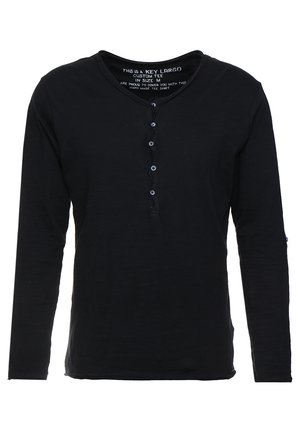 Black long-sleeve shirt with a round neck, featuring a placket with six buttons and a soft, textured fabric.