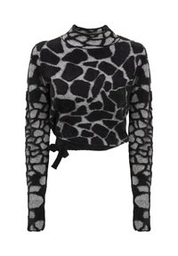Maglione corto a maniche lunghe nero e grigio con motivo astratto simile a una giraffa e un dettaglio con lacci in vita.
