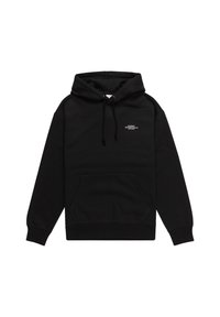 Black hooded sweatshirt with long sleeves, front pocket, drawstring hood, and logo printed in white on the chest. Cotton fabric, relaxed fit.