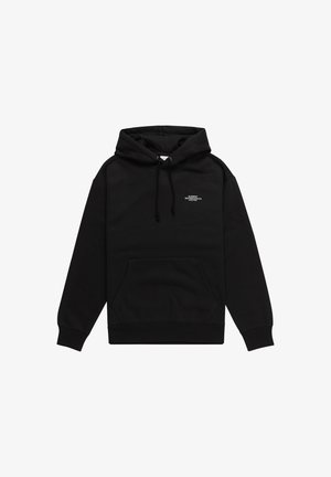 Felpa nera con cappuccio, maniche lunghe, tasca frontale, cappuccio con coulisse e logo stampato in bianco sul petto. Tessuto in cotone, vestibilità comoda.