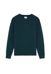 Suéter de punto verde oscuro con mangas largas y cuello redondo. Presenta un pequeño logotipo en el pecho y puños y dobladillo acanalados.