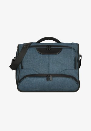 Borsa per laptop in tessuto blu con design strutturato, dettagli neri, due tasche con zip e manico imbottito. Include anche una tracolla regolabile.