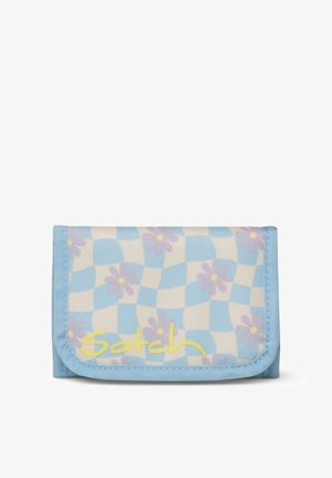 Small fabric wallet with blue edges, checkerboard pattern, purple flowers, and yellow "Satch" logo on front flap.