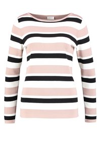 Maglione a maniche lunghe in maglia con righe orizzontali beige, nere e bianche, caratterizzato da un colletto rotondo.