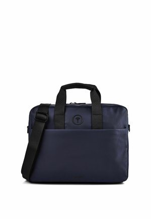 Mørkeblå laptop-taske med sorte håndtag og justerbar skulderrem, front lynlåslomme og rundt logoemblem i midten.