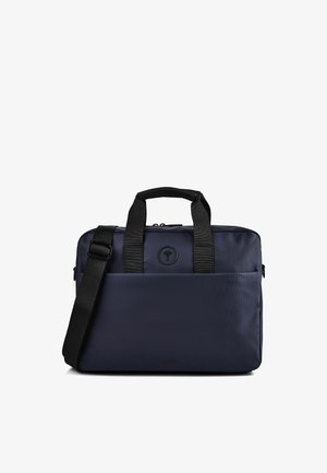 Marineblaue Laptoptasche mit schwarzen Griffen und verstellbarem Schultergurt, vorderer Reißverschlusstasche und rundem Logodesign in der Mitte.