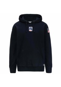 Felpa navy con tasca a marsupio, cappuccio con cordino, emblema degli Stati Uniti sul petto e patch della bandiera americana sulla manica. Materiale morbido e polsini a coste.