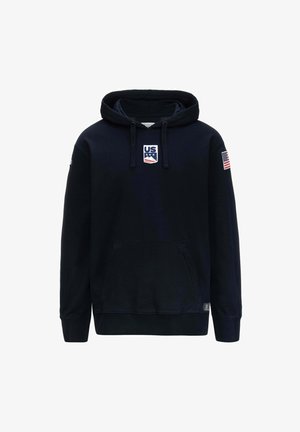 Felpa navy con tasca a marsupio, cappuccio con cordino, emblema degli Stati Uniti sul petto e patch della bandiera americana sulla manica. Materiale morbido e polsini a coste.