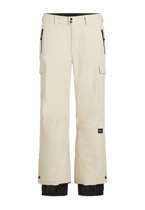 Beige cargobroek met een zwarte ondersectie, voorzien van elastische boorden, meerdere zakken en een ritsluiting. Gemaakt van duurzaam, waterafstotend materiaal.