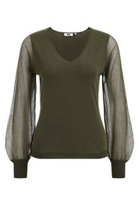 Olivgrön tröja med V-ringning, med genomskinliga, randiga puffärmar och sittande ribbade mudd. Mjuk stickad tyg.