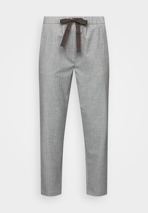 Pantalons gris à finition texturée, dotés d'une taille élastique et d'un cordon de serrage marron. Jambes fuselées avec une longueur raccourcie.